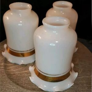 Set Of 3 MCM Vintage White And Gold Banded Ruffle Glass Light Shades